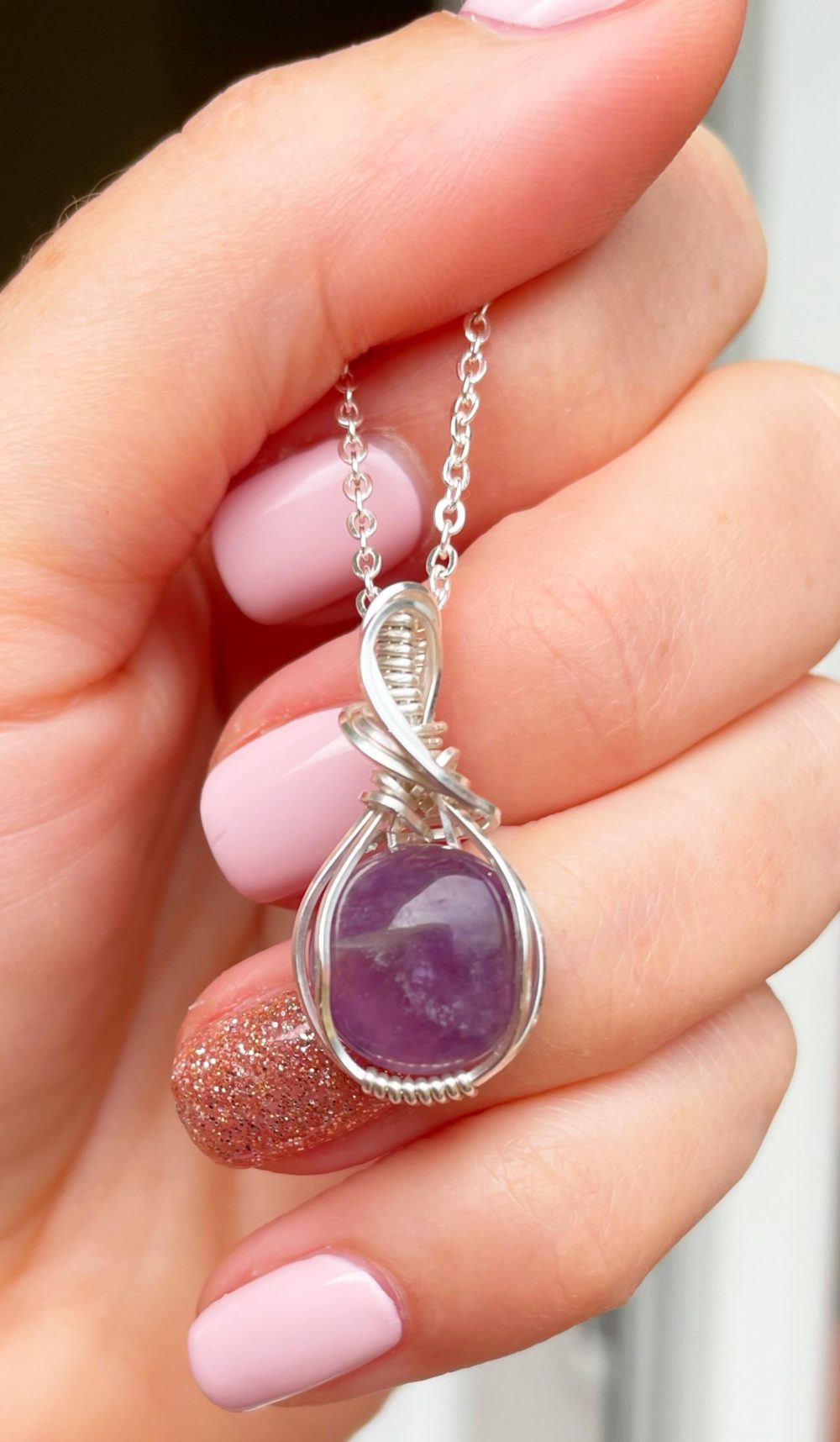 Amethyst silver wire wrapped mini pendant - Image 4