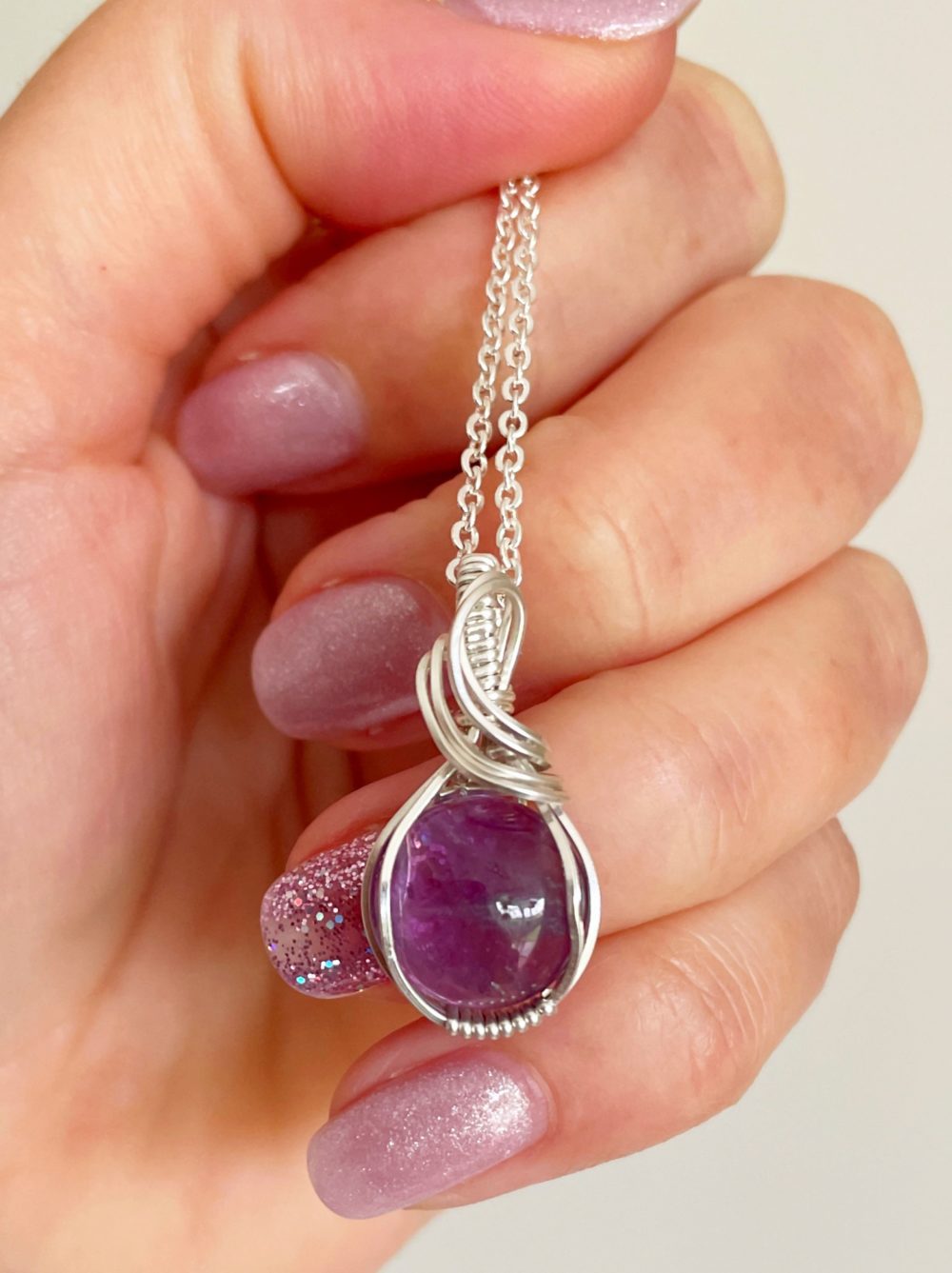 Amethyst silver wire wrapped mini pendant