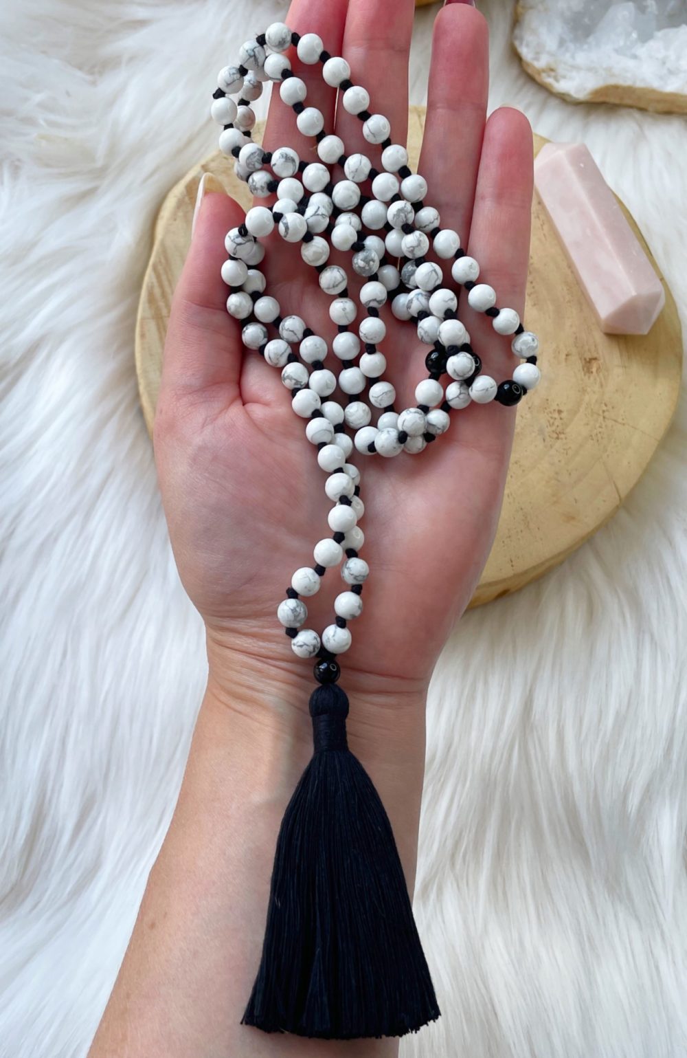 Howlite and onyx mala necklace, crystal mala bead necklace, hand made Japa mala