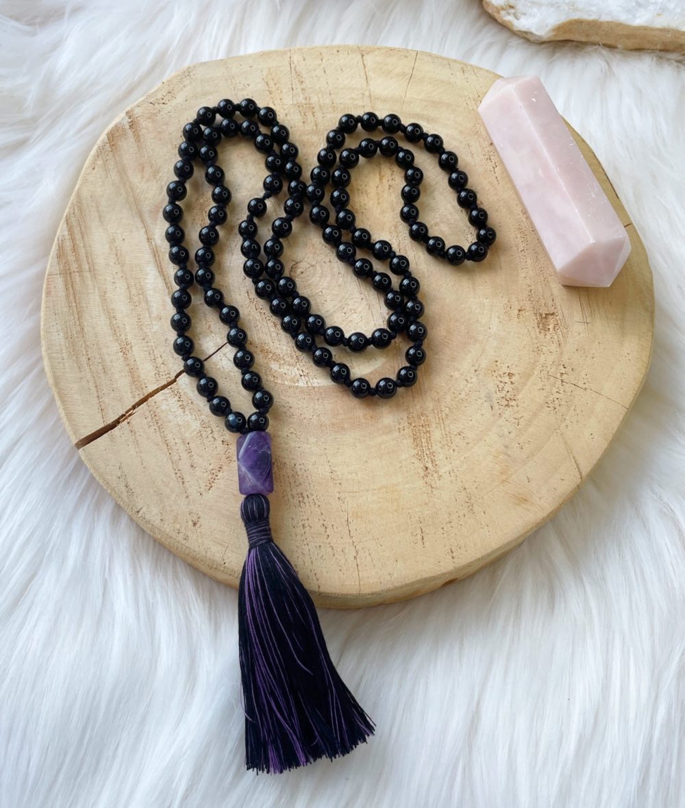 Amethyst and onyx mala necklace, crystal mala bead necklace, hand made Japa mala - Image 3