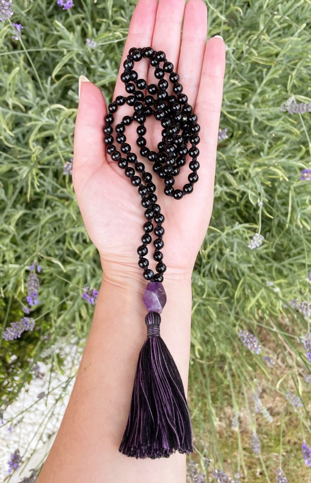 Amethyst and onyx mala necklace, crystal mala bead necklace, hand made Japa mala - Image 2