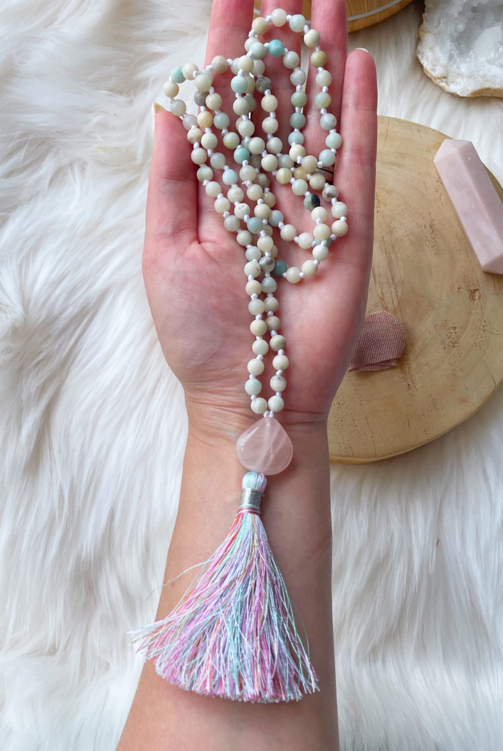 Amazonite and rose Quartz mala necklace