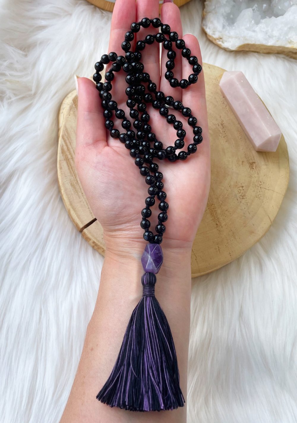 Amethyst and onyx mala necklace, crystal mala bead necklace, hand made Japa mala