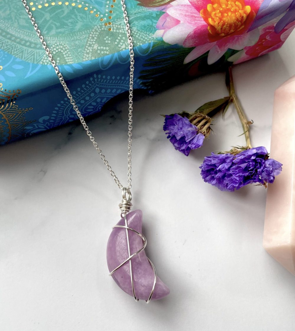 Lepidolite moon in sterling silver, sterling silver lepidolite pendant.