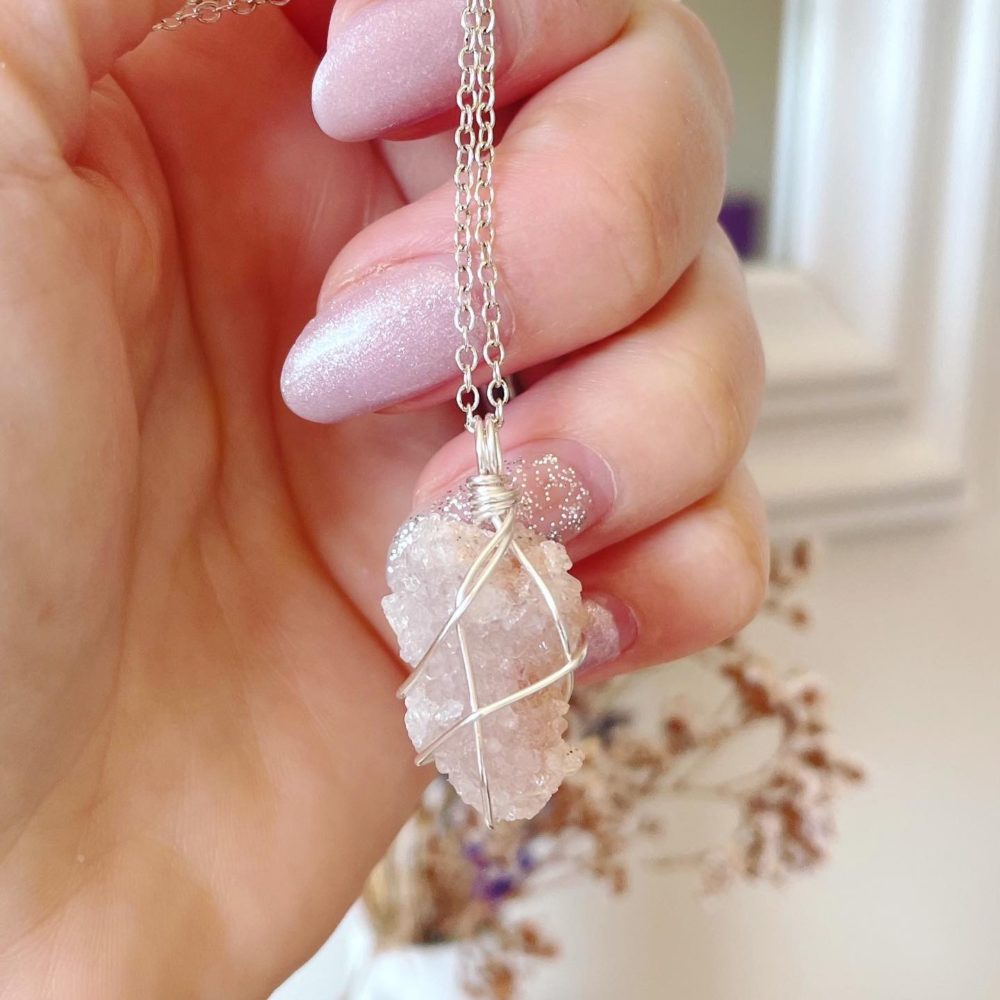 Pink Amethyst raw wrapped in silver, pink amethyst pendant, raw pink amethyst necklace
