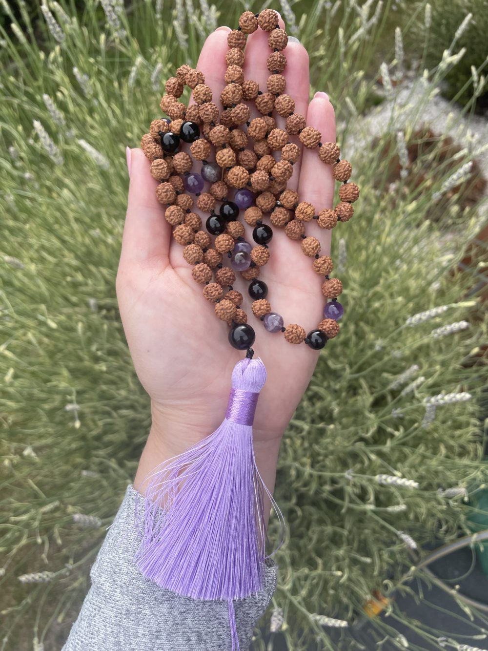 Rudraksha mala necklace with Anethyst and onyx, crystal mala bead necklace, hand made Japa mala - Image 2