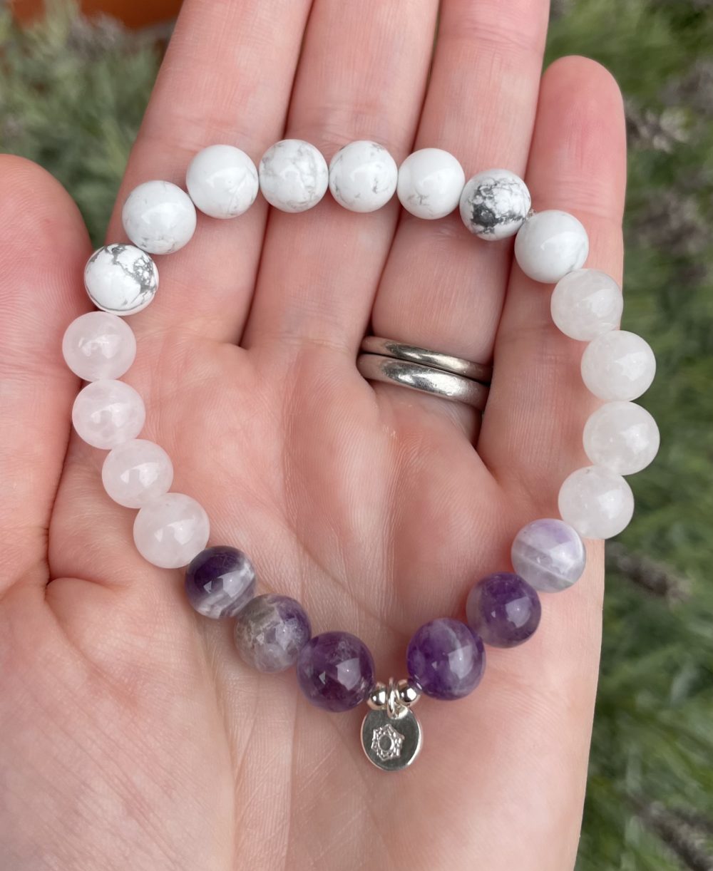 Sahasrara Chakra Bracelet with Howlite, White Agate, and Chevron Amethyst - Image 3