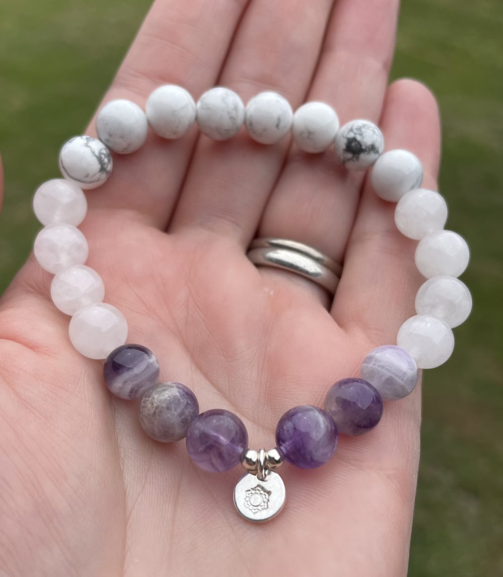 Sahasrara Chakra Bracelet with Howlite, White Agate, and Chevron Amethyst - Image 2