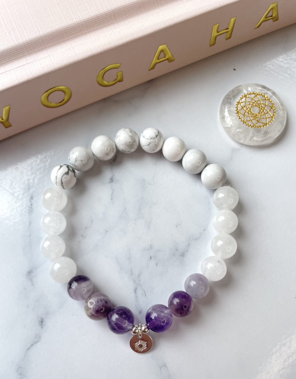 Sahasrara Chakra Bracelet with Howlite, White Agate, and Chevron Amethyst