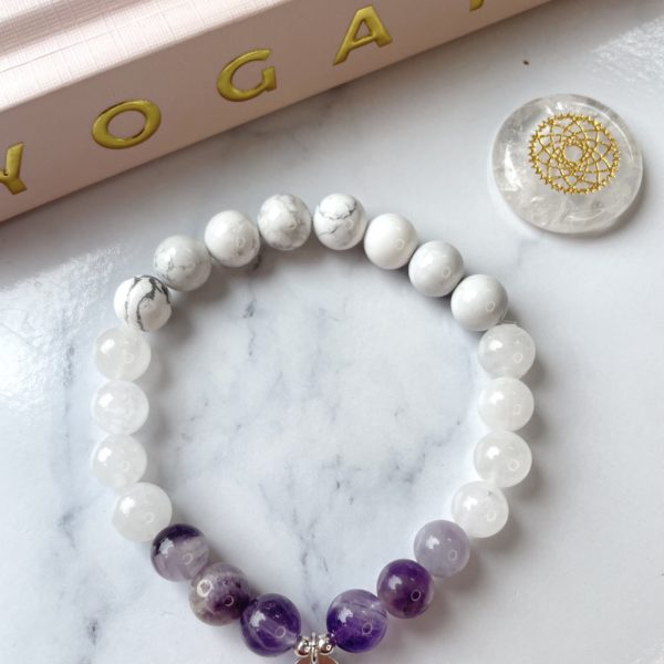 Sahasrara Chakra Bracelet with Howlite, White Agate, and Chevron Amethyst