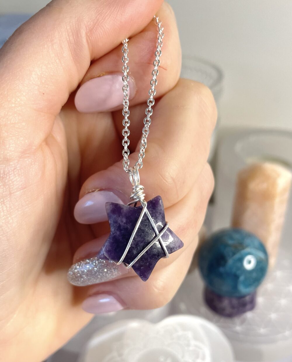Lepidolite wire wrapped star pendant