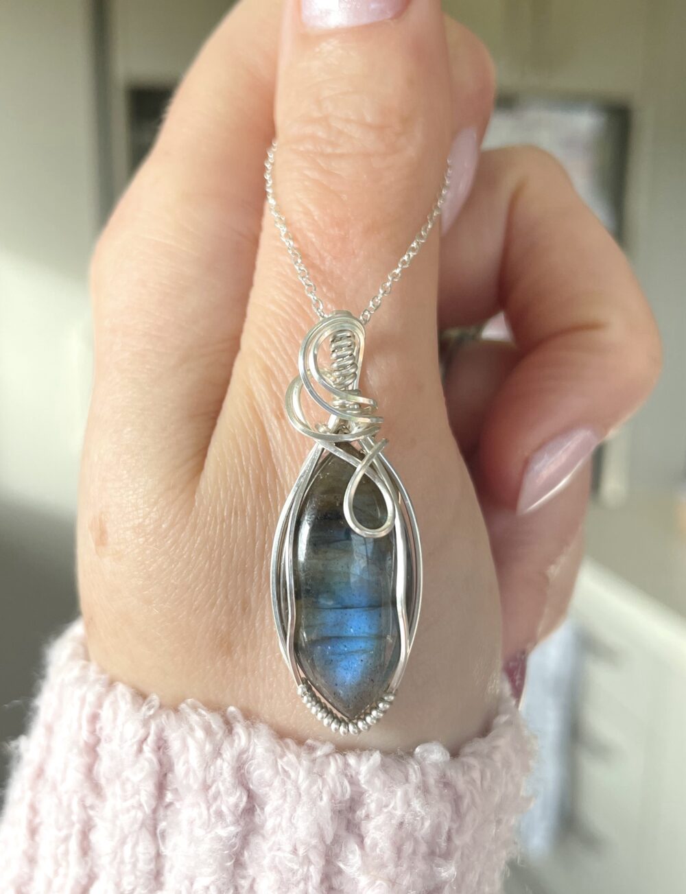 Labradorite wire wrapped silver pendant