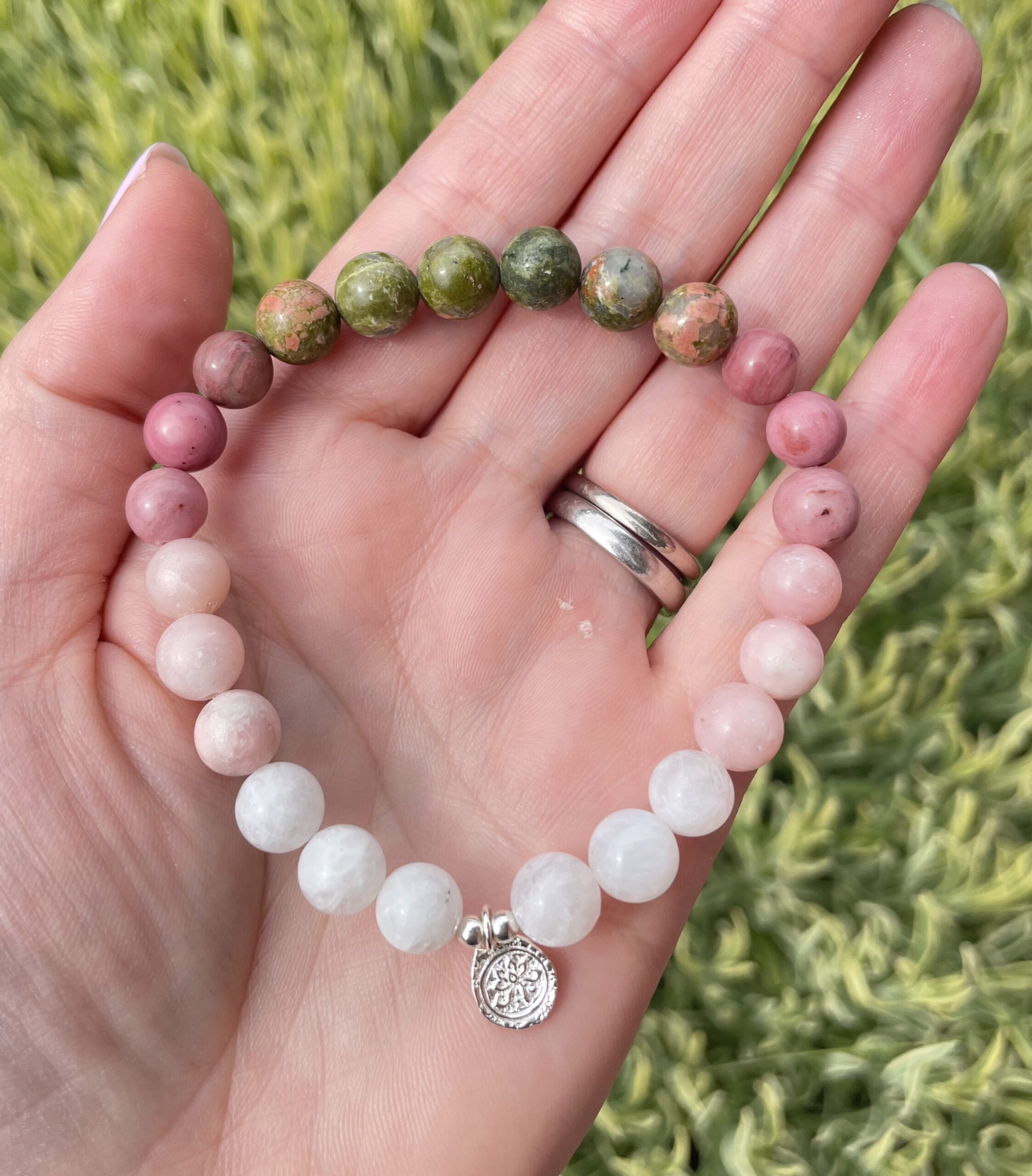 Aadya fertility bracelet Unakite rhodonite pink opal and moonstone Little Wing Designs