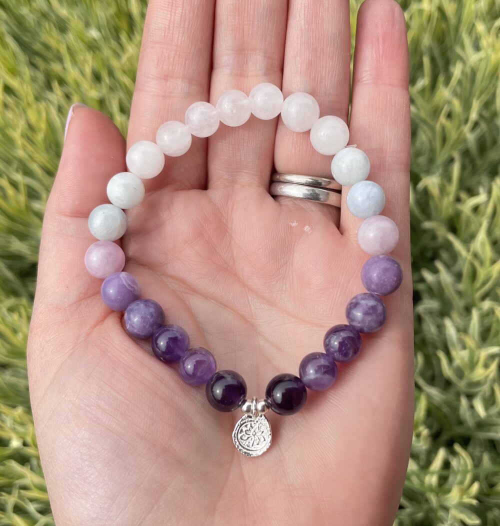 ‘Harmony’ Amethyst, Lepidolite, Aquamarine and snow quartz bracelet - Image 2